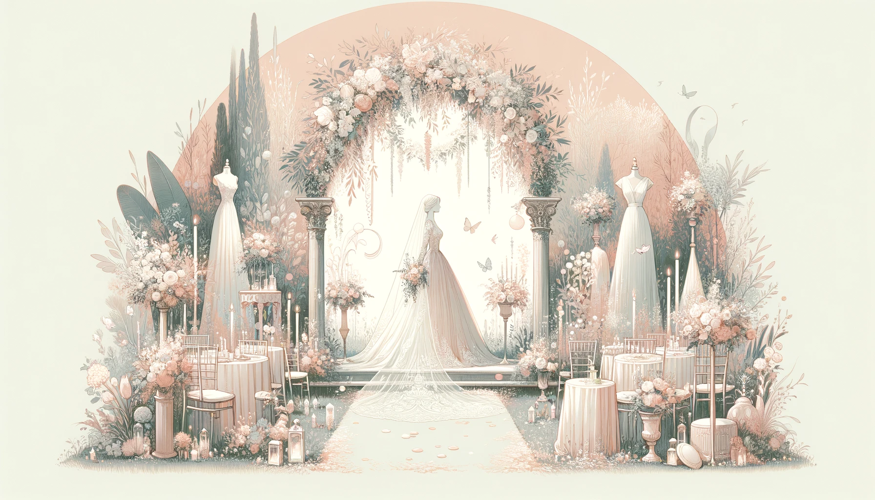 An illustration of a wedding arch adorned with beautiful flowers, creating a dreamy ambiance for couples exchanging their vows.