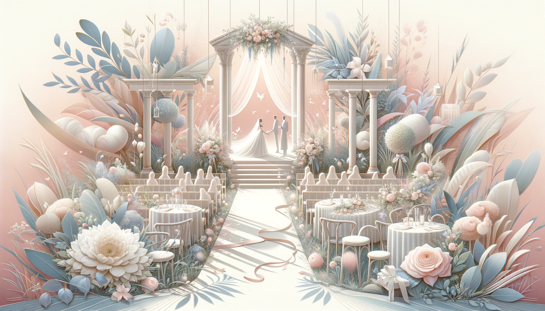 An illustration of a wedding scene with necessary flowers.