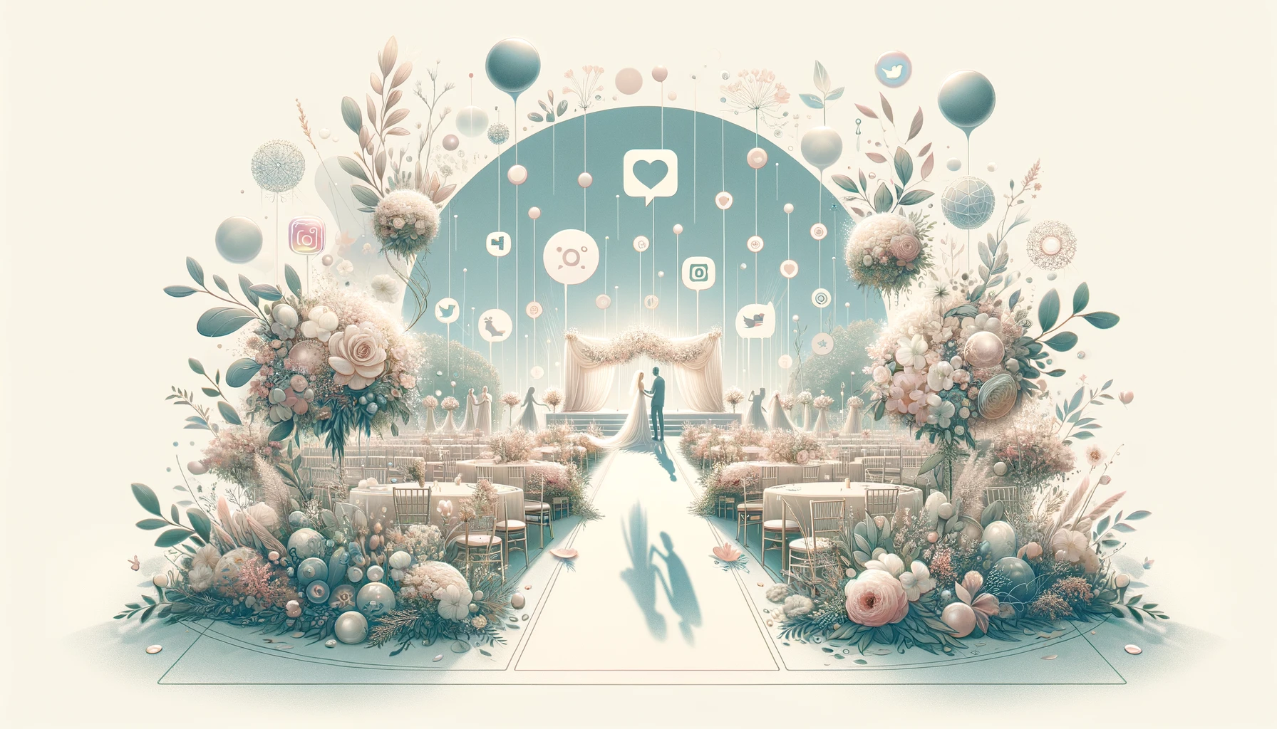 A memorable wedding illustration with flowers and balloons.