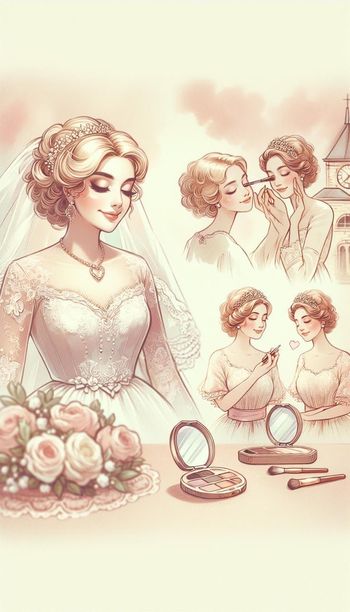 A drawing of a bride in a wedding dress showcasing her flawless wedding makeup.