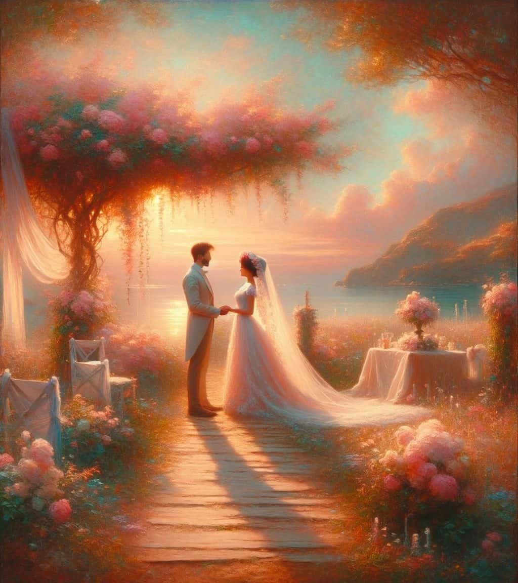 A painting of a bride and groom eloping on a bridge.