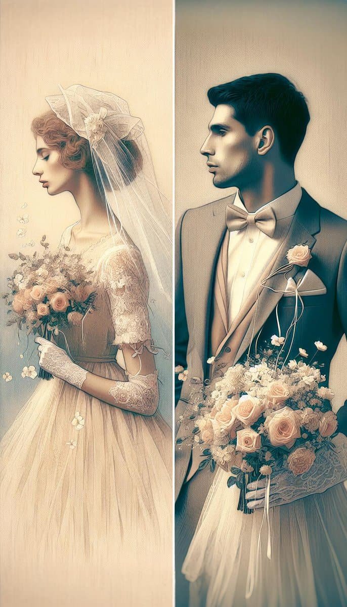 Two pictures of a man and a woman holding flowers on their wedding day.