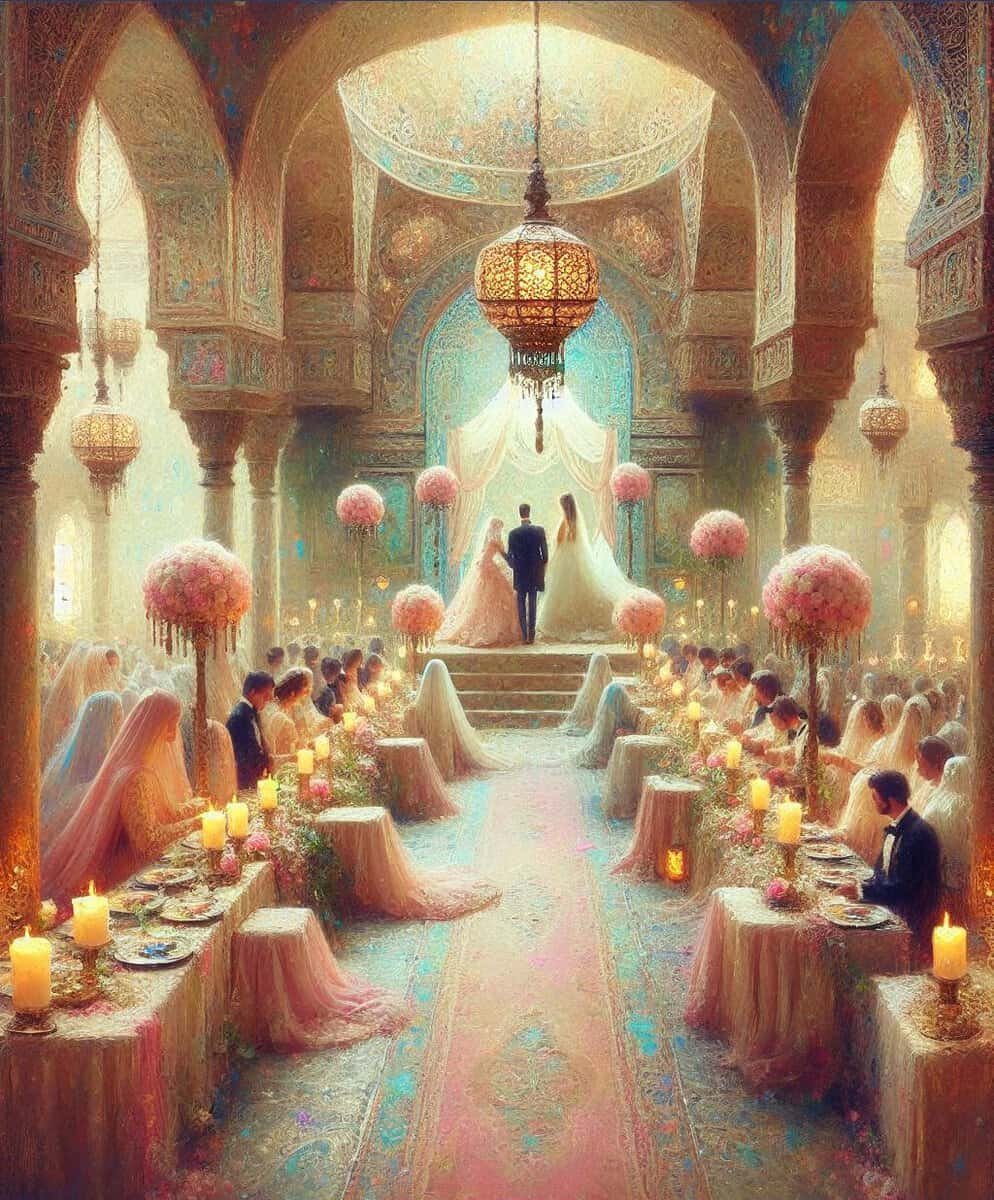 A multi-cultural wedding in an ornate room.