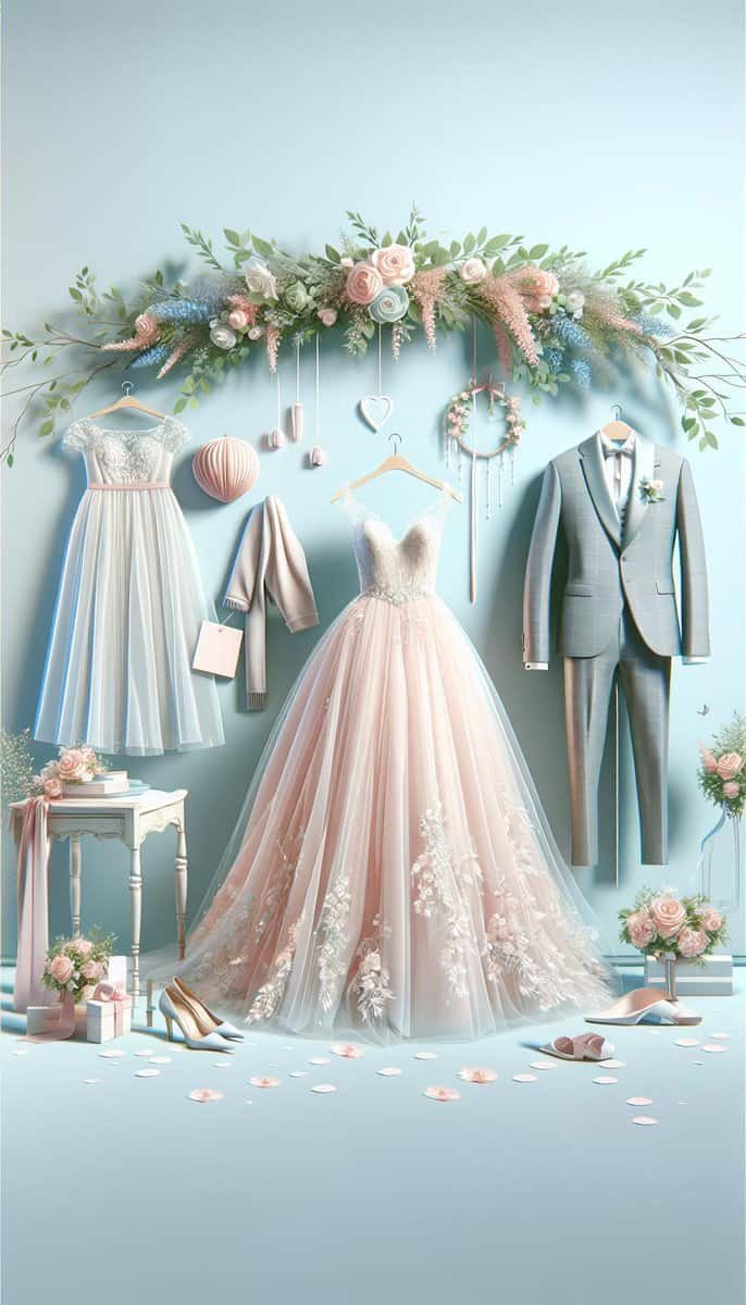 A stylish wedding dress is elegantly hung on a blue background.