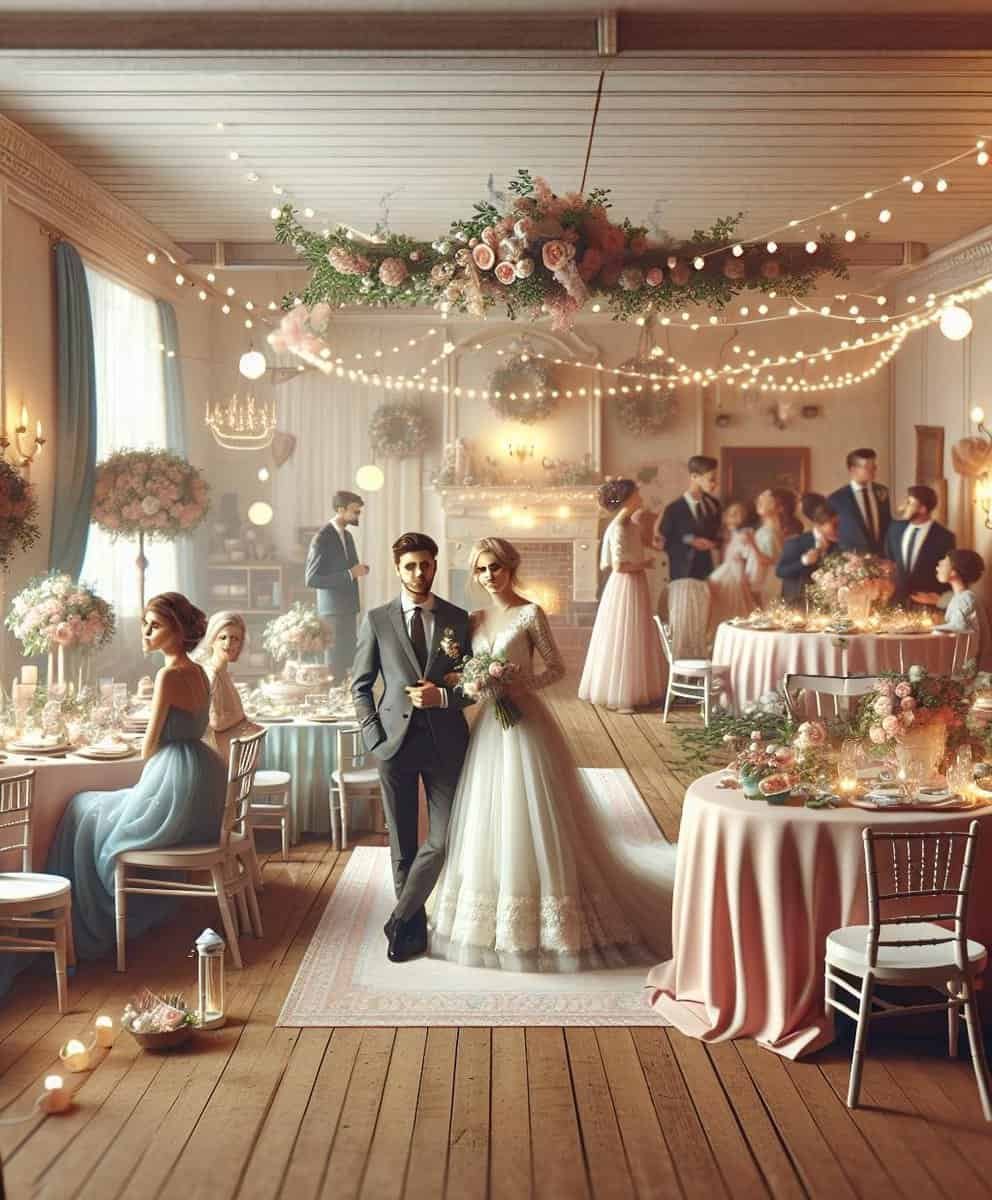 Elegant 3D rendering of a wedding reception in a large, organized room.