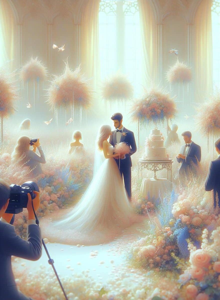 A mesmerizing painting capturing the enchanting bond between a bride and groom amidst a stunning array of flowers.