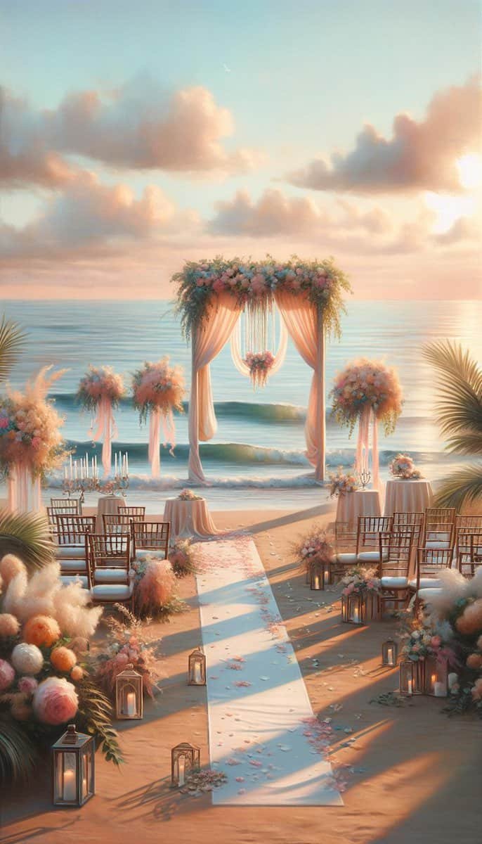 Decor For A Beach Wedding - A painting of a wedding ceremony on the beach.