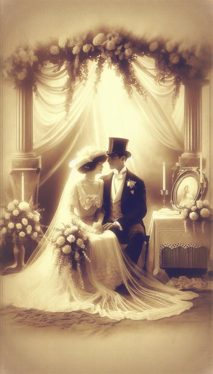 Enhance the wedding ambiance with a photo of a bride and groom in a wedding dress, capturing the perfect lighting.