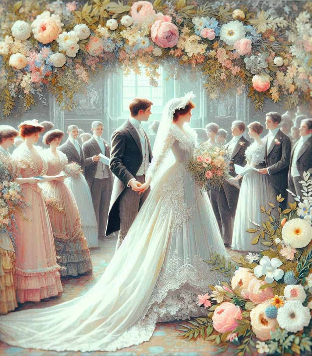 A vibrant painting capturing the essence of a spring wedding, showcasing a bride and groom in joyful harmony.