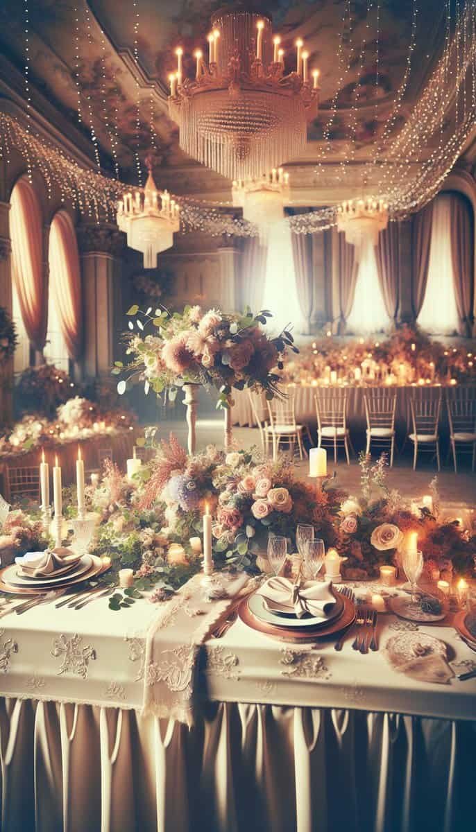 A wedding table set up with perfect linens, flowers, and candles.