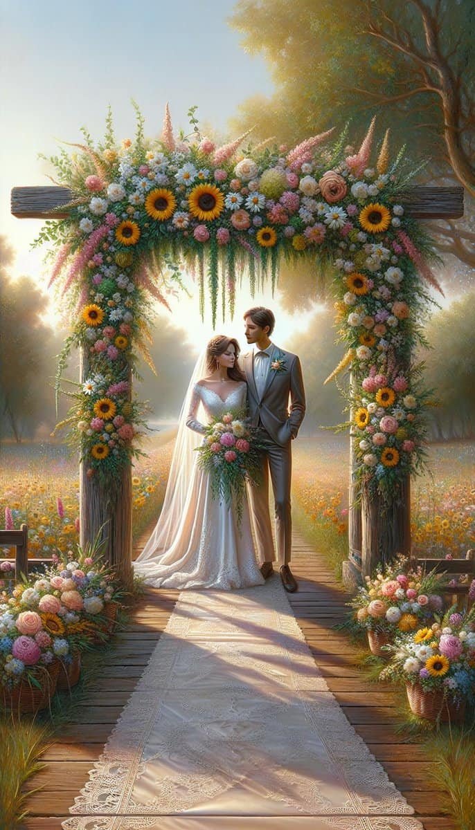 A rustic-themed painting featuring a bride and groom standing under a stunning sunflower arch, adorned with vibrant flowers.