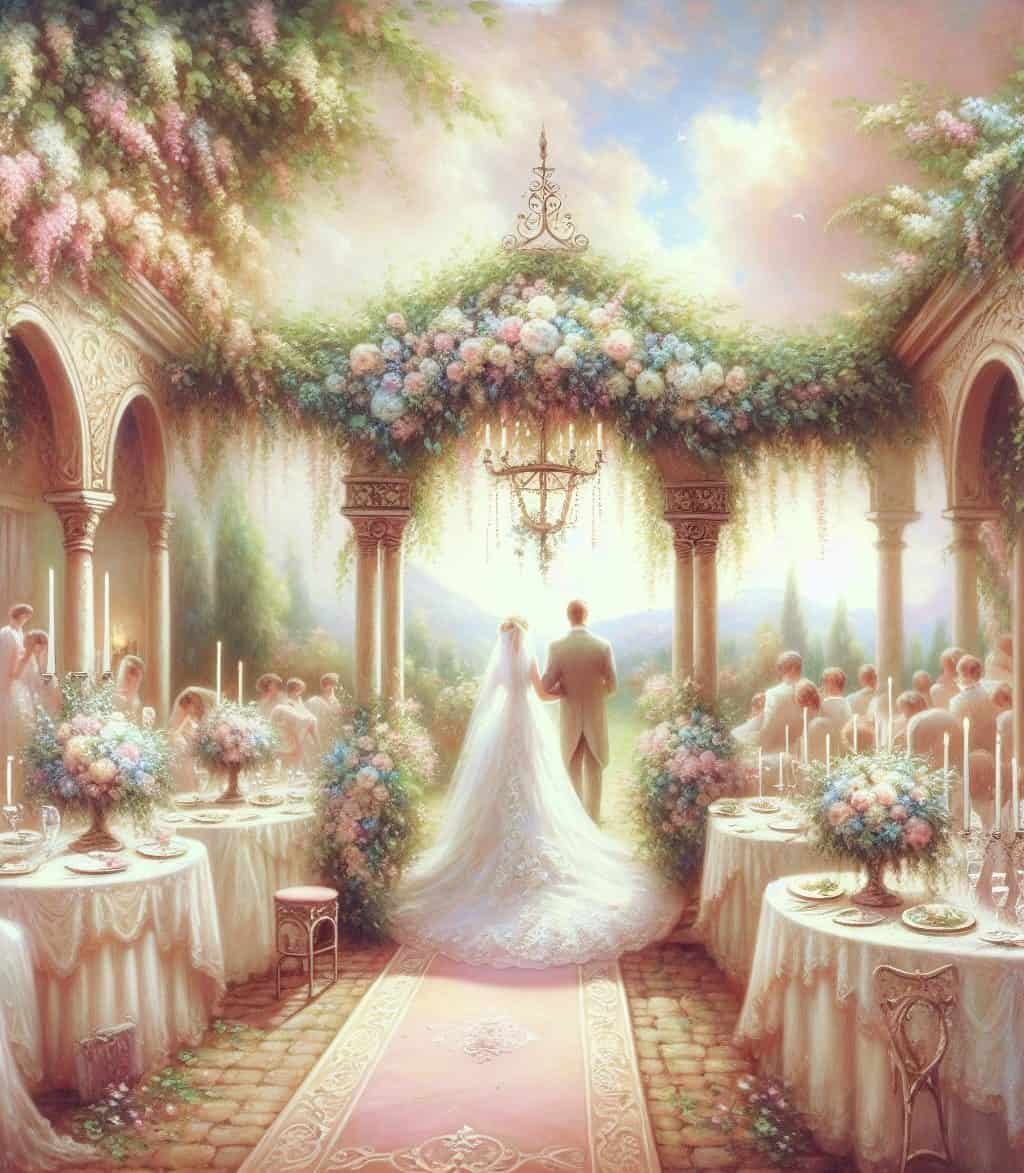 A painting capturing the memorable entrance of a bride and groom at their wedding reception.