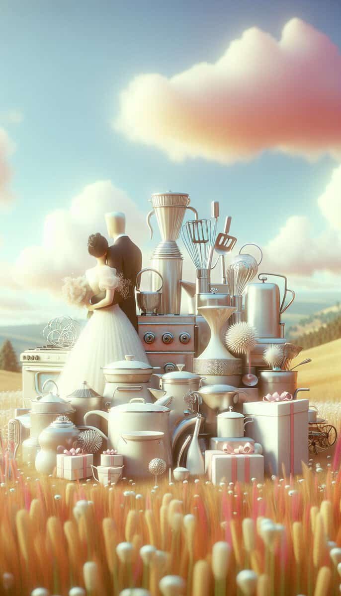 A bride and groom standing on top of a pile of kitchen gadgets.