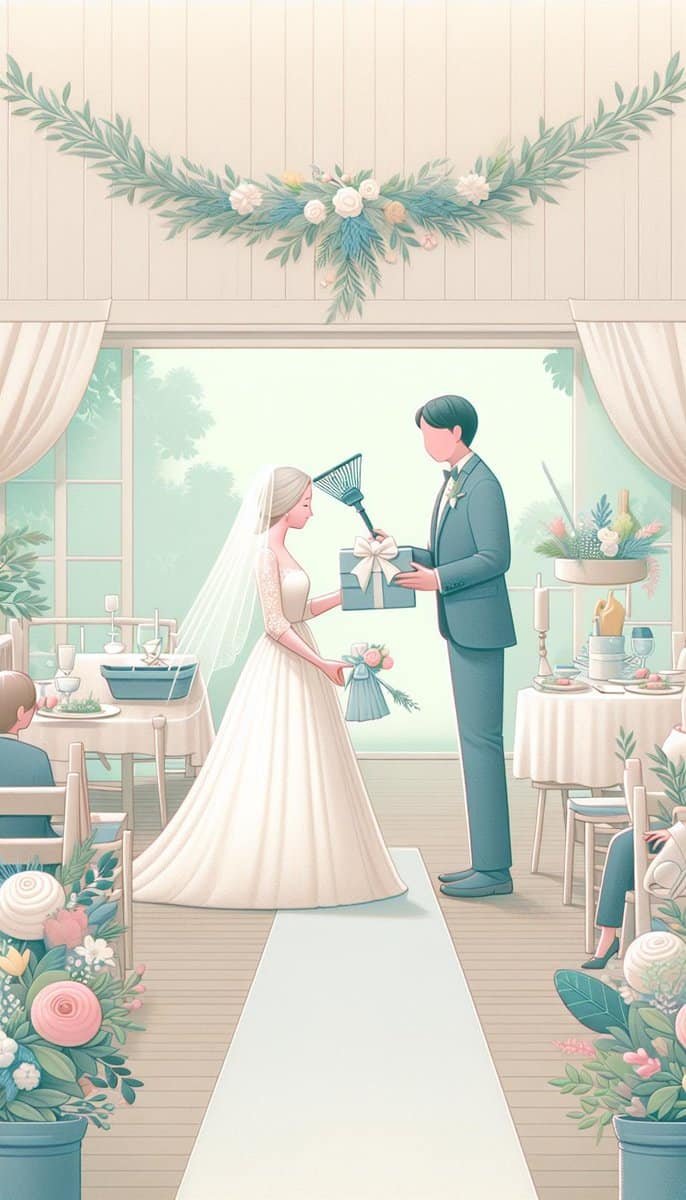 An illustration of a couple at their wedding, exchanging vows and celebrating their union.