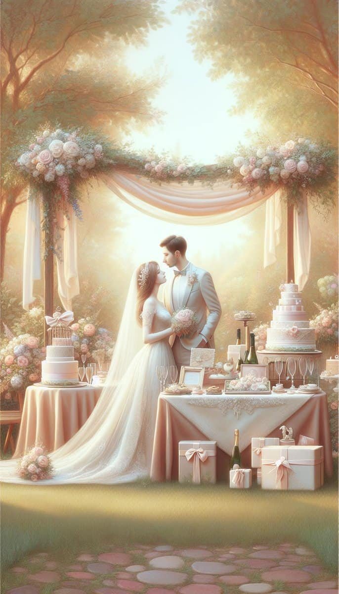 A personalized gift featuring a painting of a bride and groom in front of a cake.