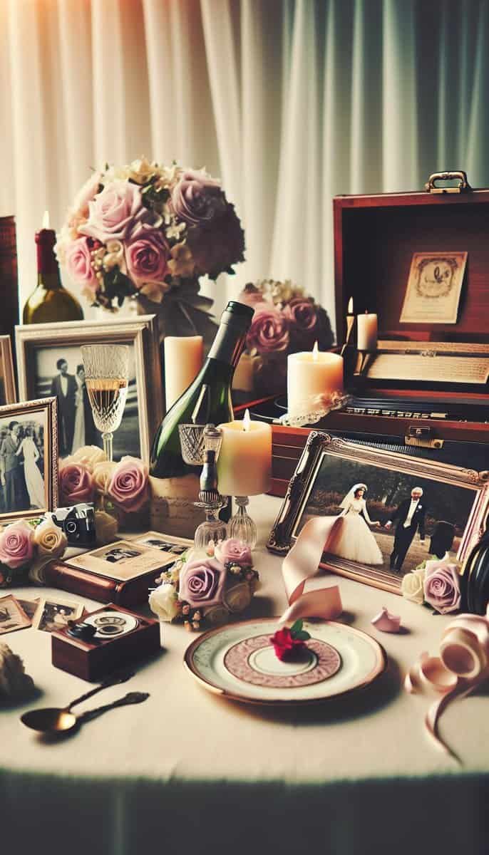 A table displaying a wide array of unique wedding gifts for older couples.