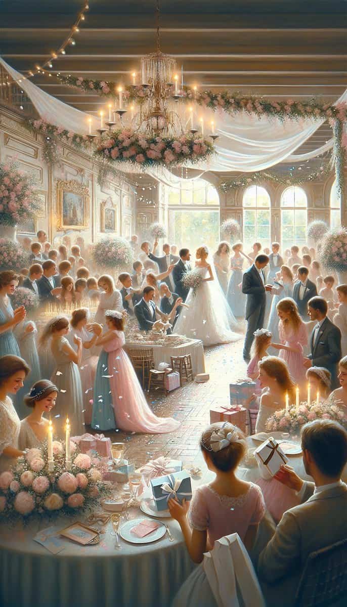 A gift-worthy painting capturing the joyful atmosphere of a wedding reception, evoking cherished memories of that special wedding day.