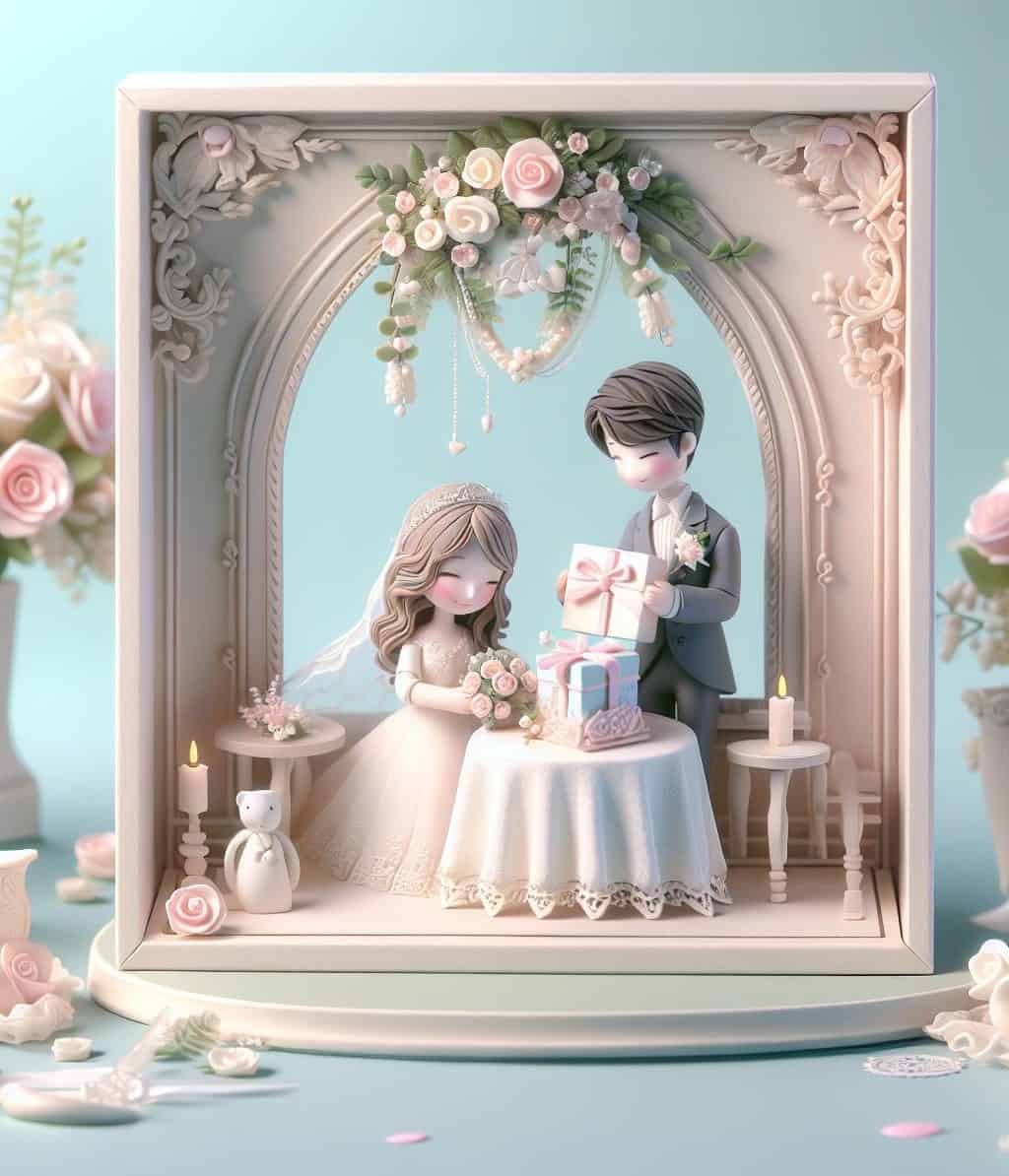 The perfect couple's gift, this figurine features a bride and groom sitting in an elegant box.