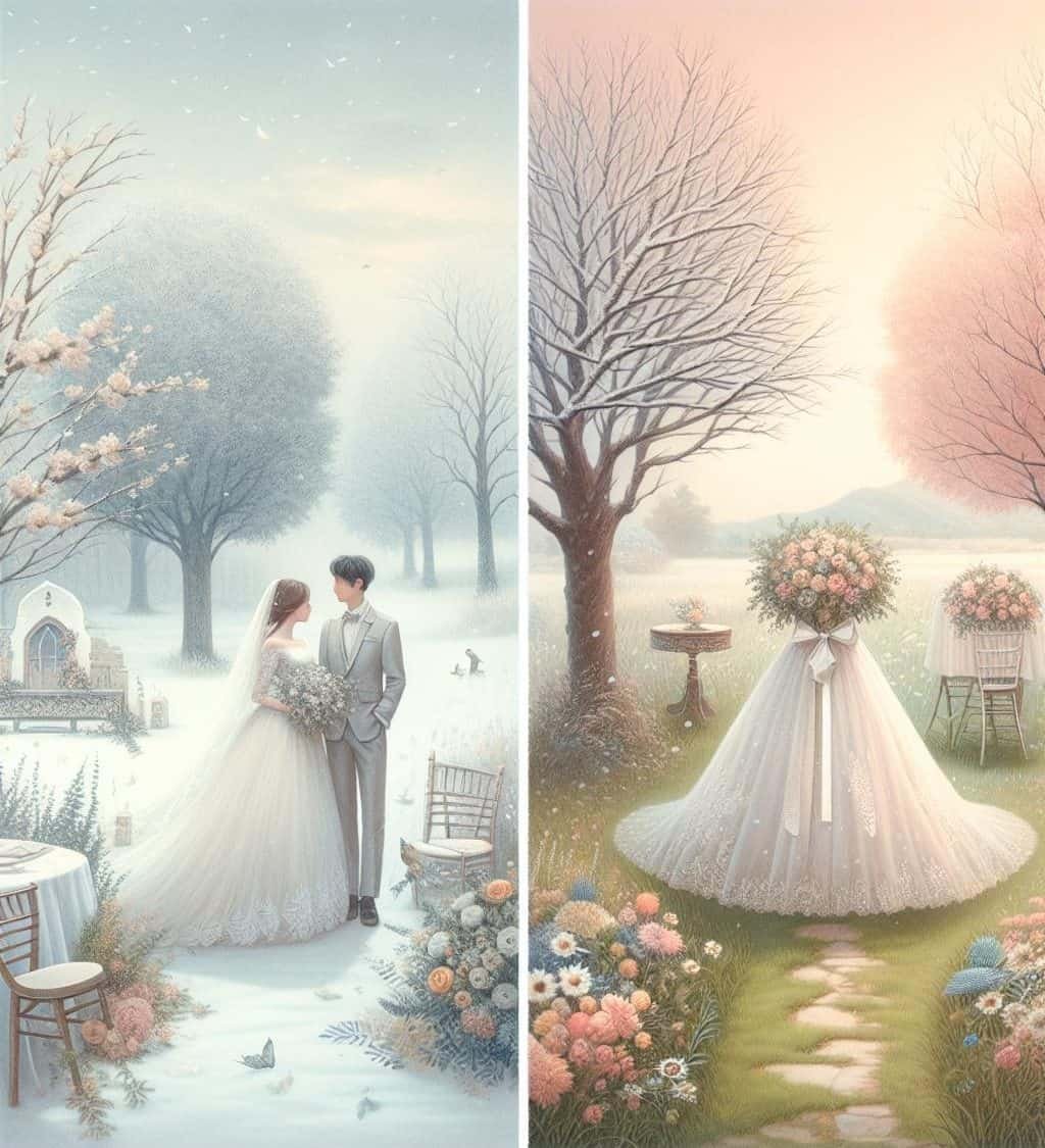 Two paintings of a bride and groom in the snow, capturing the essence of seasonal themes.