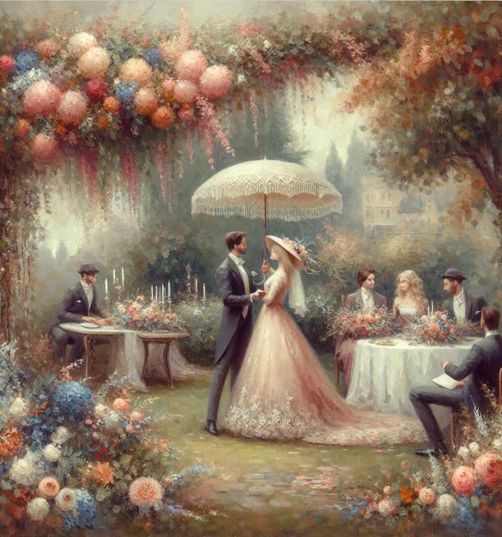 A proposal painting of a couple under an umbrella on a rainy day in a garden.