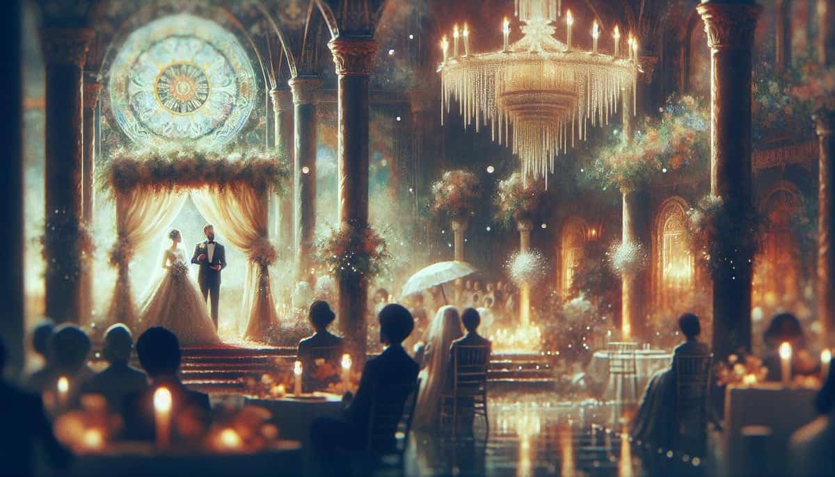 A mesmerizing painting capturing the enchantment of a wedding in a castle, showcasing a captivating wedding theme.