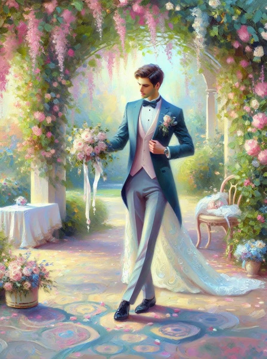 A beautiful painting capturing a bride and groom strolling through a serene garden.