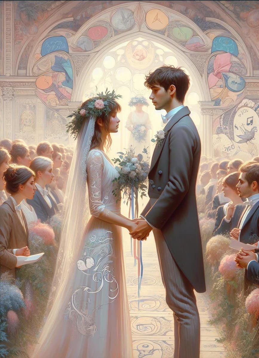 A painting capturing the tender moment of a bride and groom exchanging wedding vows, as they lovingly clasp hands.