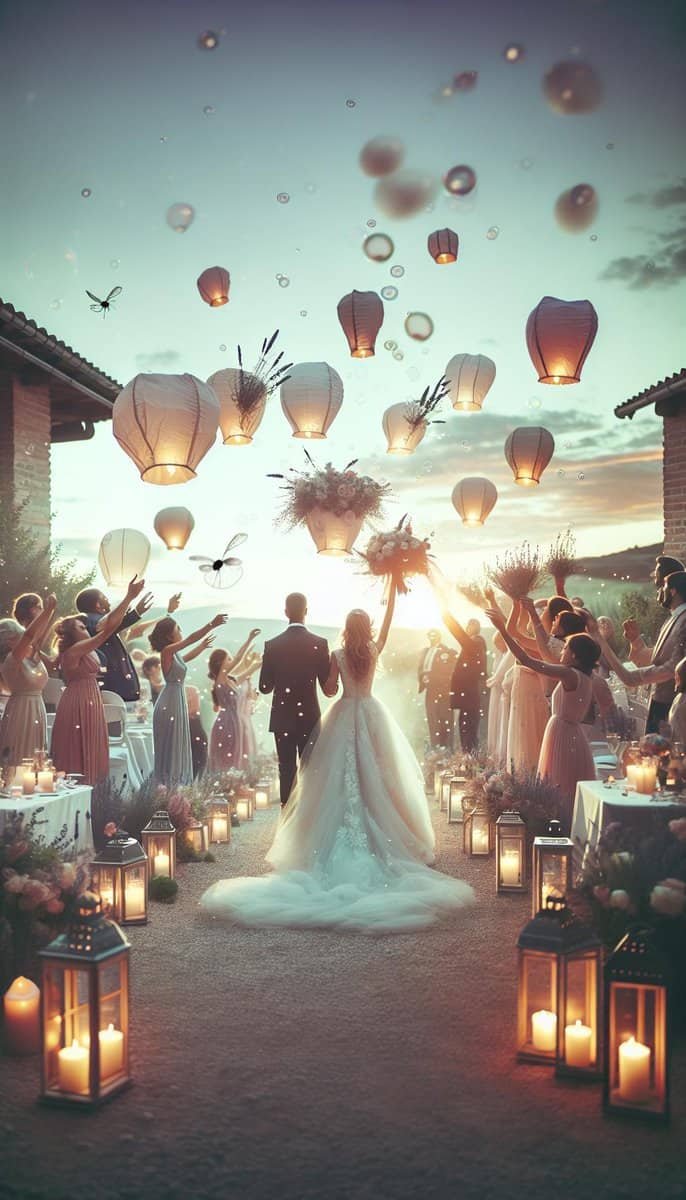 A bride and groom walking down a path with lanterns, creating a unique and memorable wedding send-off.