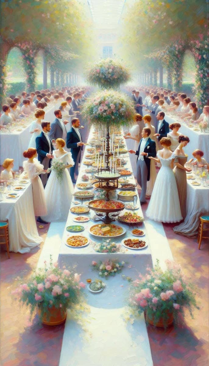 A painting of people at a wedding reception with a buffet.