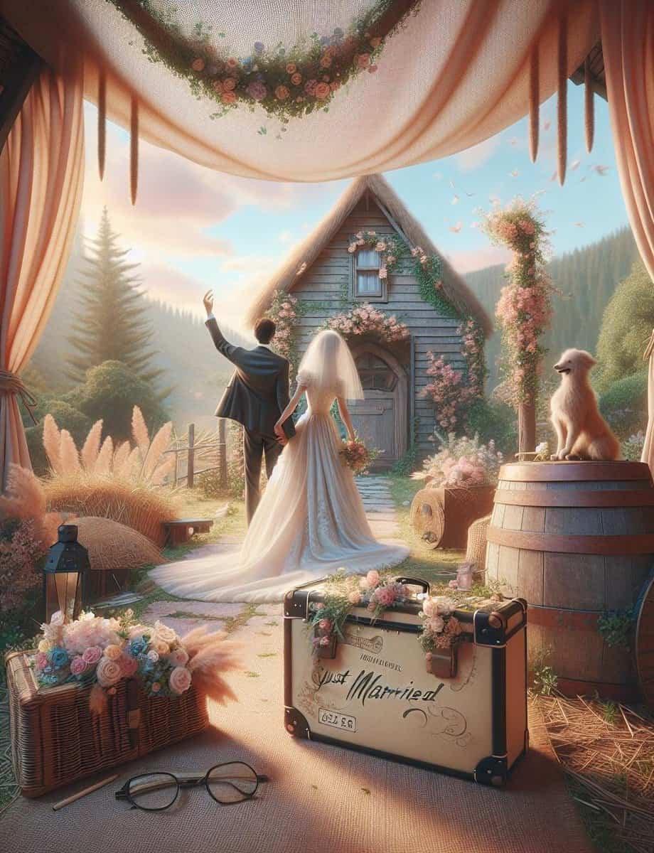 A bride and groom enjoying their romantic wedding weekend getaway, standing in front of a charming barn.