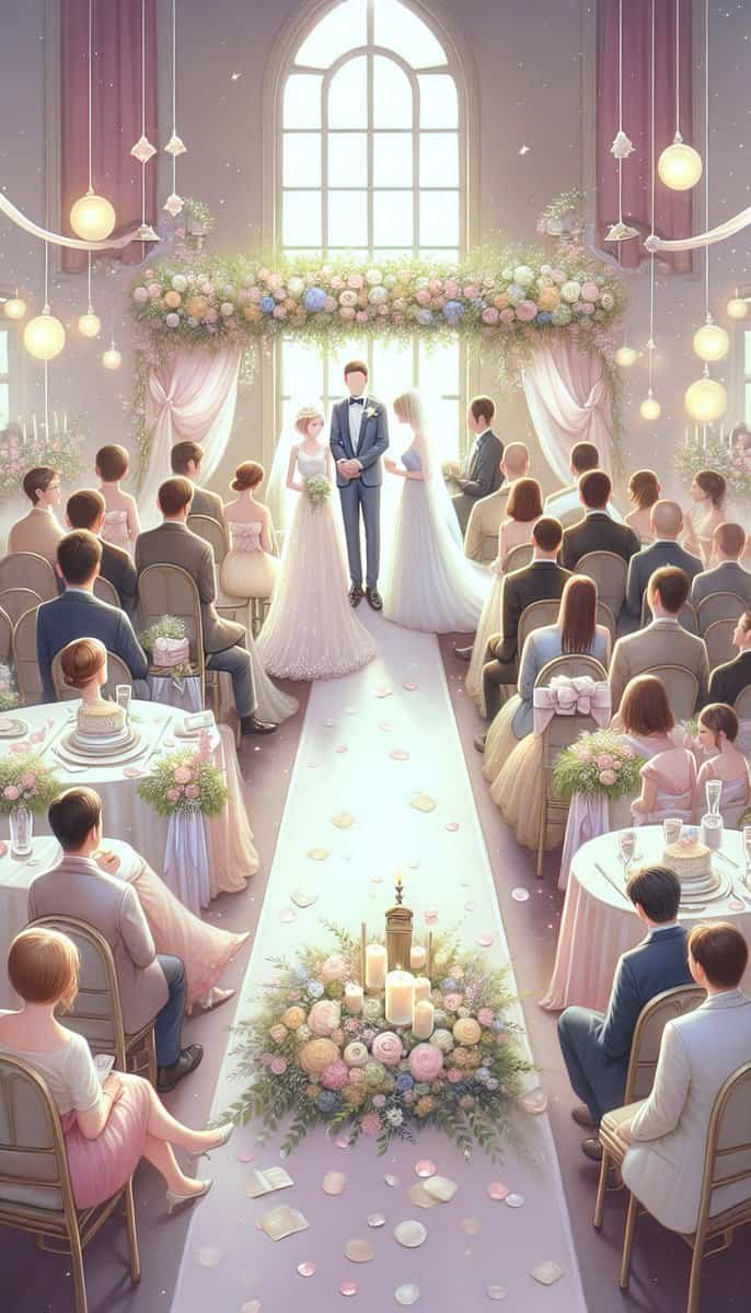 A wedding ceremony painting capturing the elegance and etiquette of the guests in a beautifully adorned room.