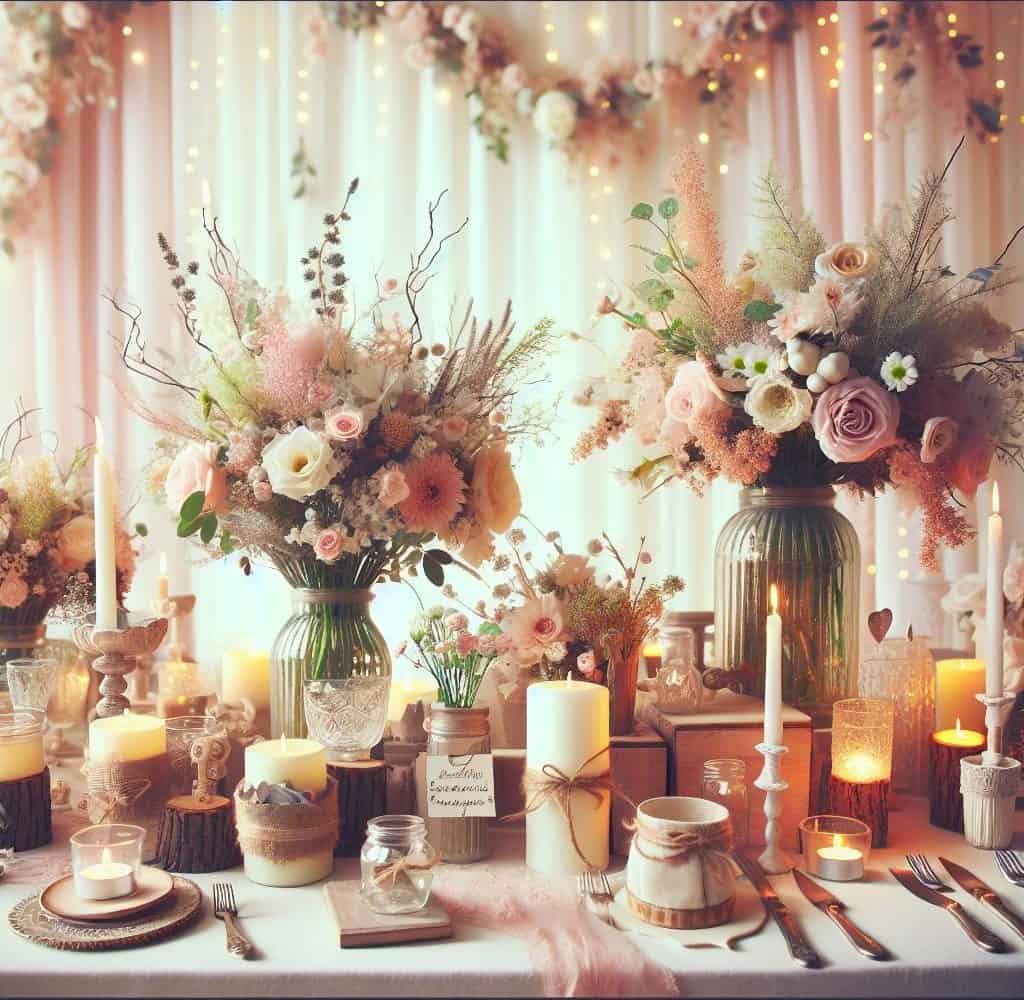 A DIY wedding table set up with candles and flowers.