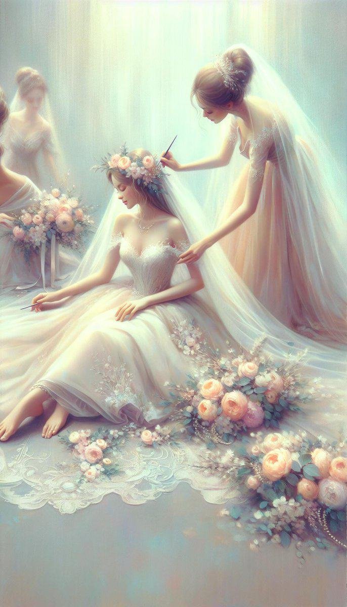 A stunning painting capturing the Bridal Beauty of a bride and her bridesmaids on their Big Day.