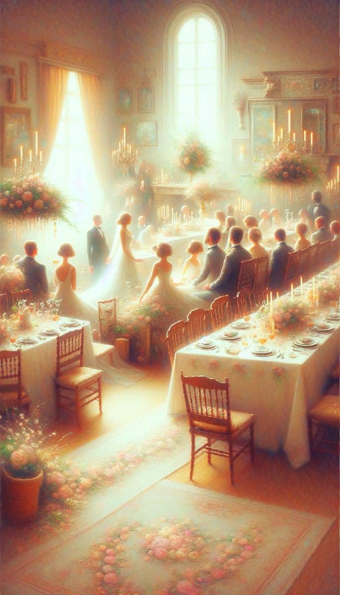 An intimate painting of people at a wedding at-home.