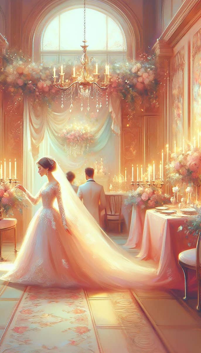 A painting of a bride and groom in a dining room, perfect for a Wedding Planner to showcase their event planning services.