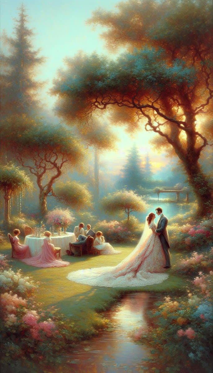 A beautiful painting capturing the joyous union of a bride and groom, with subtle hints of managing wedding anxiety