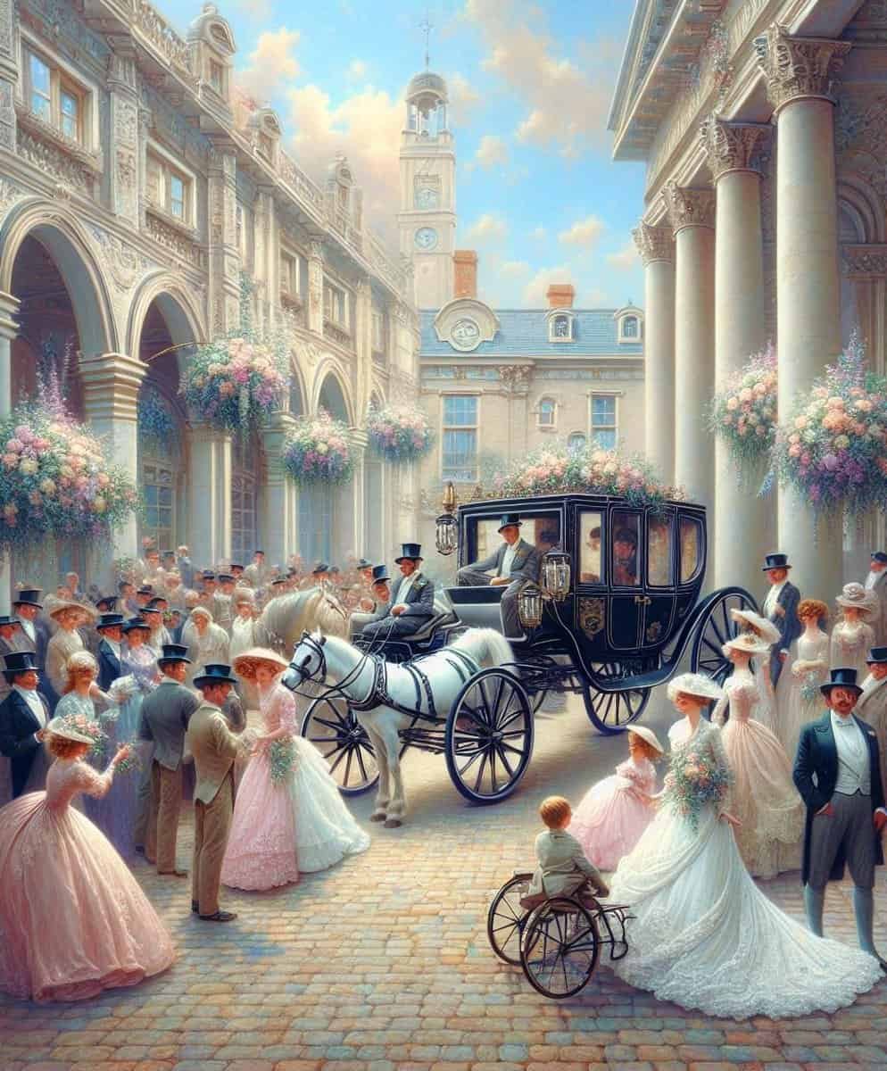 A painting of a wedding with horses and carriages as the main wedding transportation.