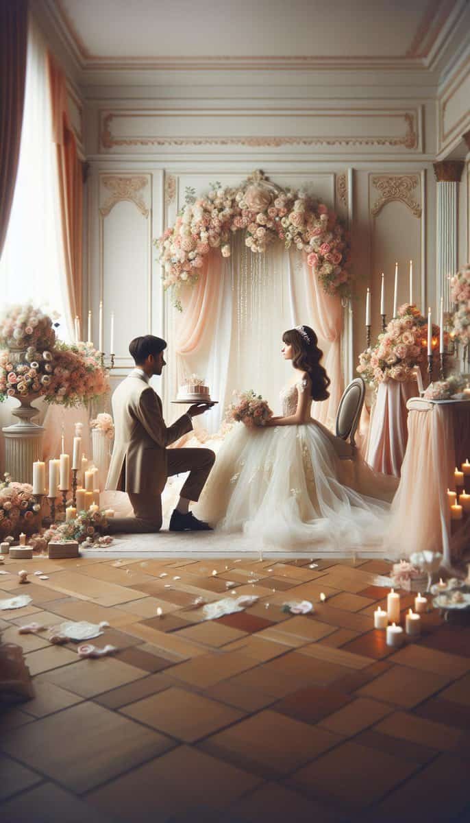 A romantic bride and groom kneeling on the floor in a candlelit room, sharing an intimate moment during their wedding proposal.