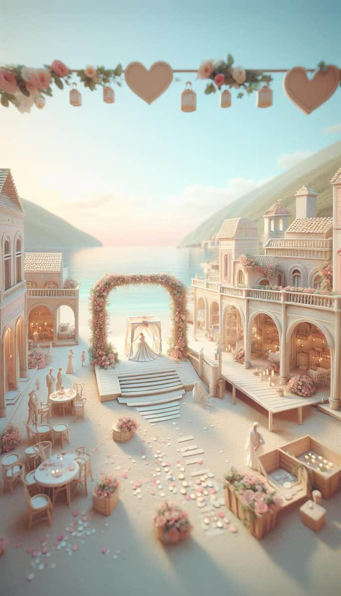 A 3D model of a wedding venue adorned with beautiful flowers and hearts, perfect for a destination proposal or incorporating into your craft projects. Enhance your SEO content with this stunning 3