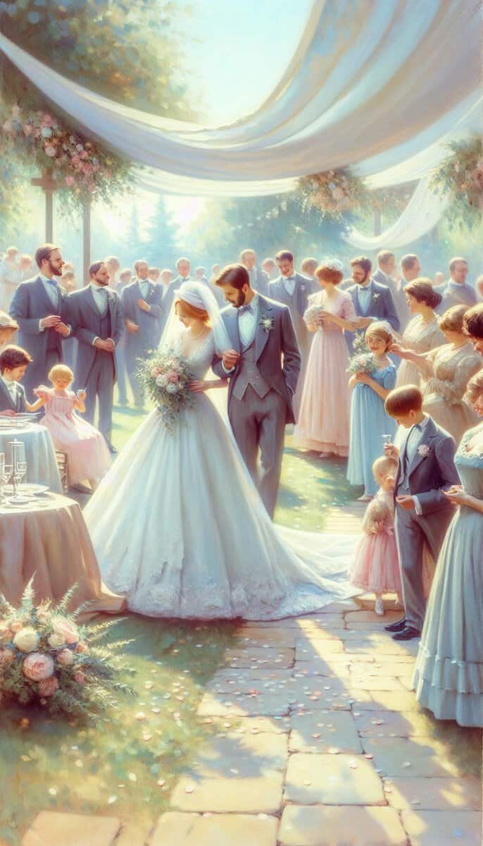 A wedding planning guide for navigating the aisle, featuring a painting of a bride and groom walking down the aisle.