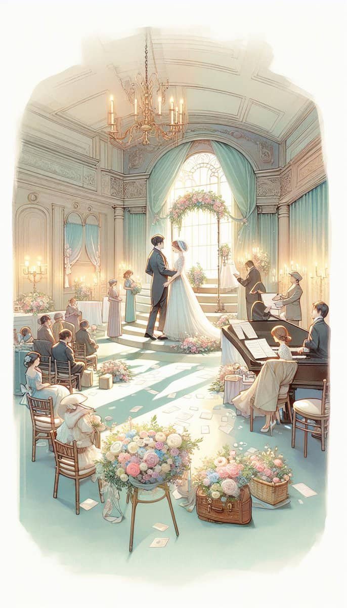 A drawing showcasing the importance of a wedding rehearsal in a large room.