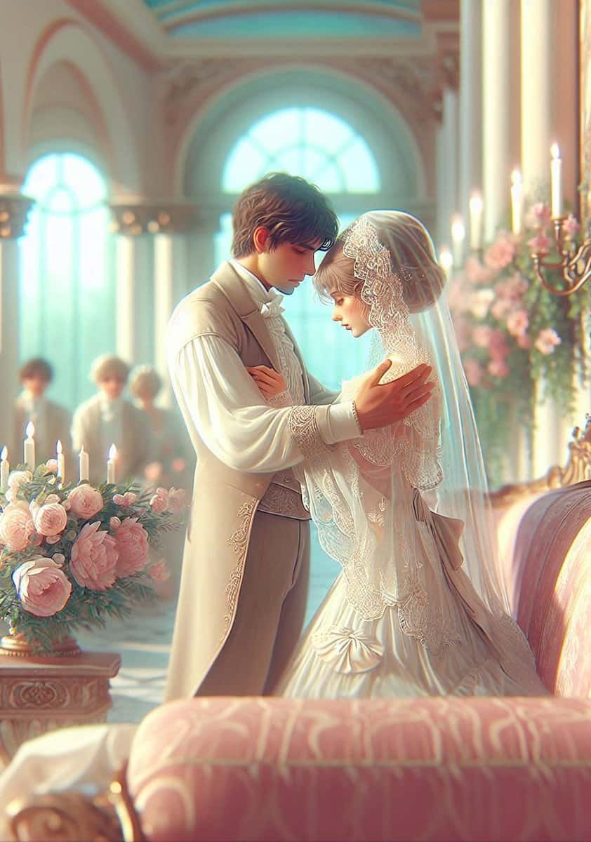 A bride and groom sharing their "First Look" moment in their wedding attire.
