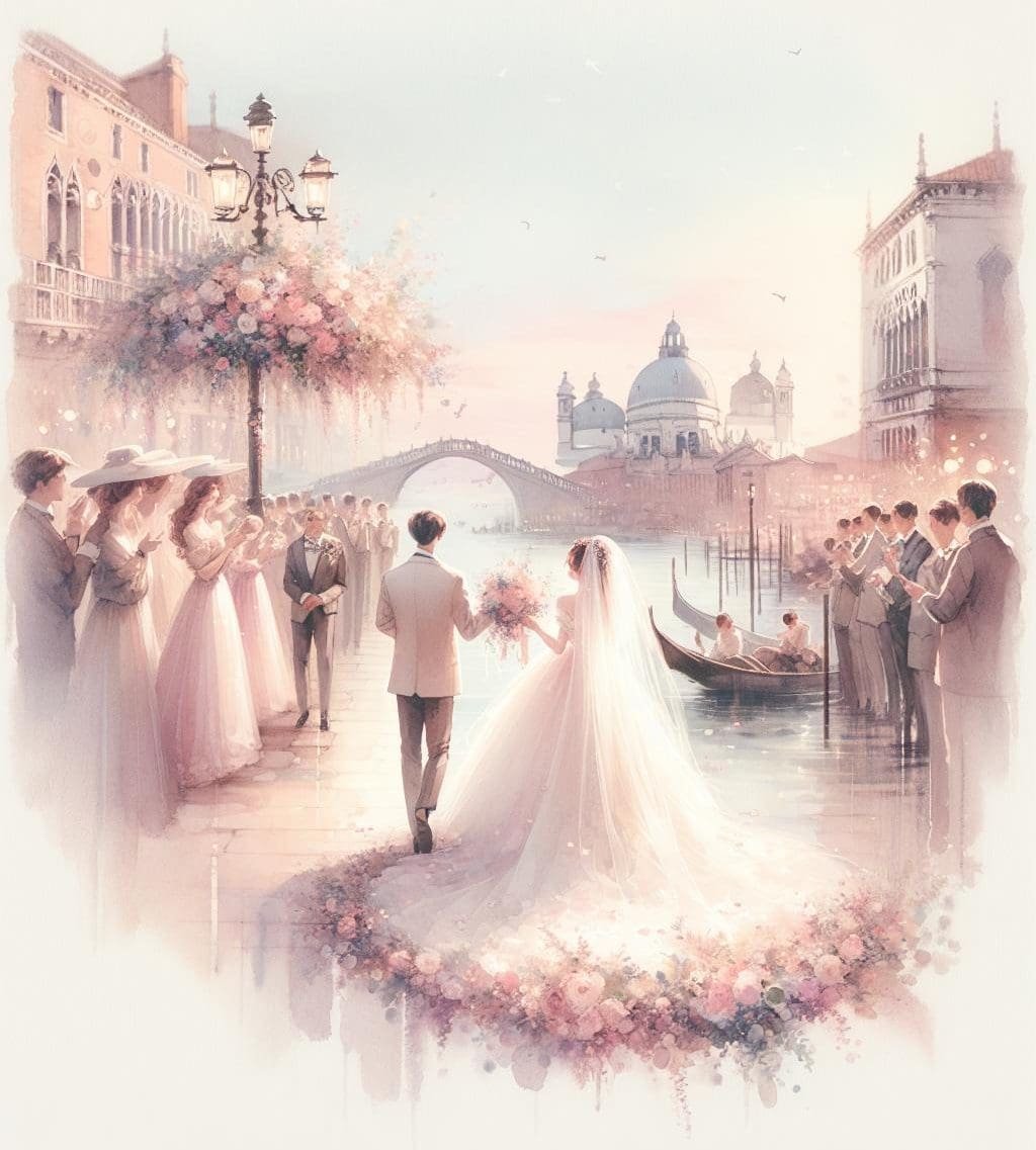 A painting of a bride and groom walking down the canal during their picturesque overseas celebration.