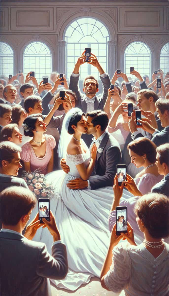 A captivating painting capturing the emotional impact of a wedding, as a bride and groom share a passionate kiss amidst an adoring crowd.