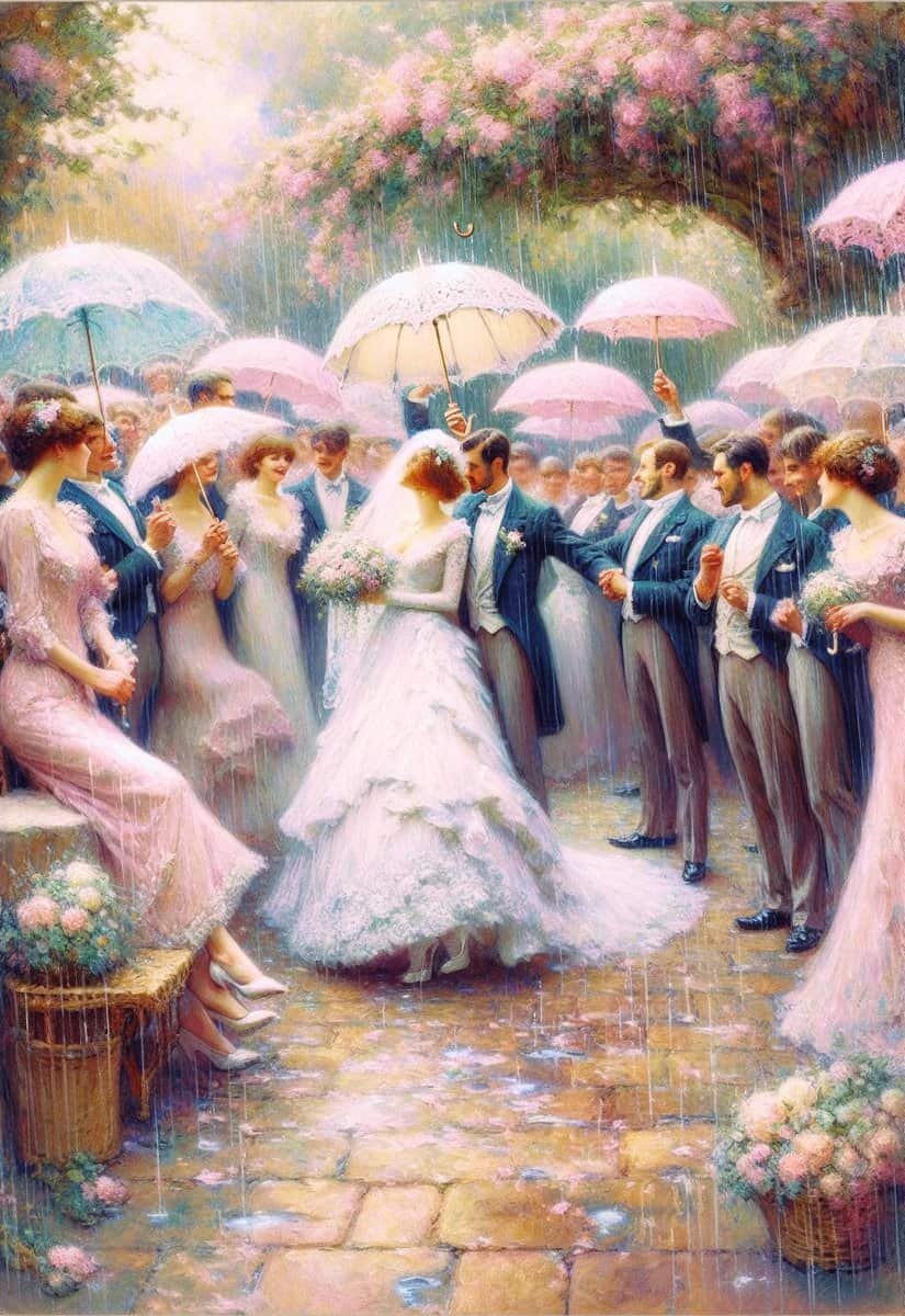 An unexpected painting showcasing people holding umbrellas in the rain on their wedding day.