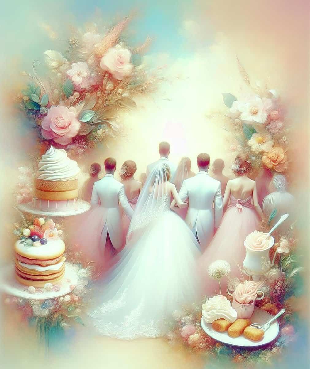 A painting of a wedding party with cake and flowers, capturing the essence of a joyous celebration filled with delectable wedding menu options.