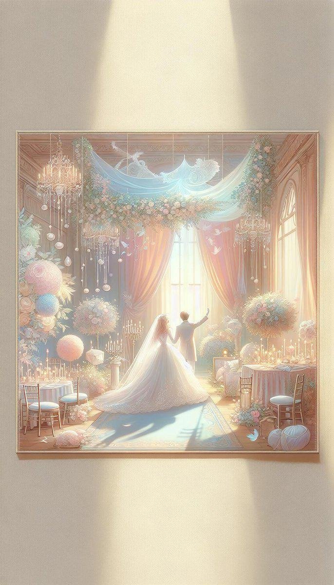 A wedding painting that captures the joyful union of a bride and groom in an elegantly decorated room.