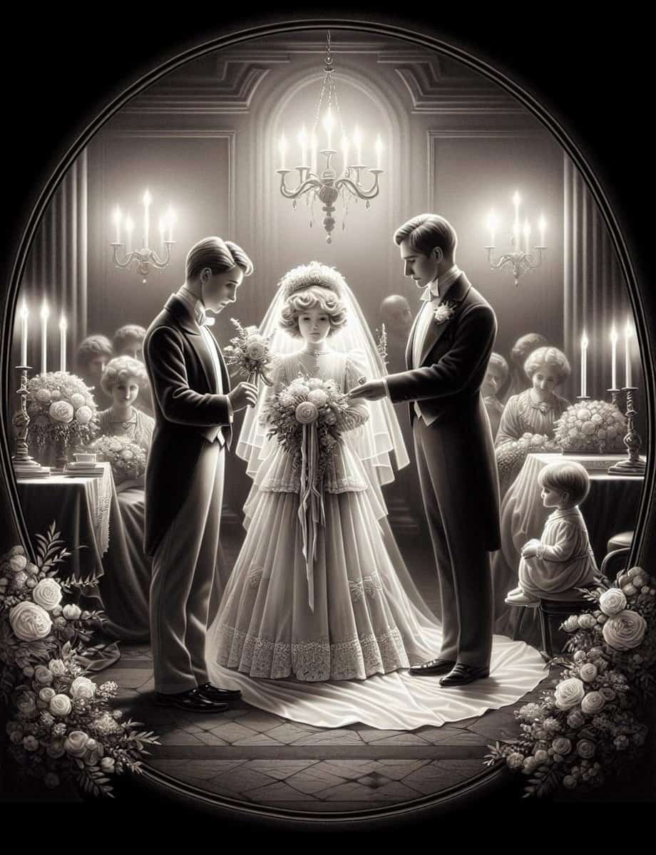A black and white drawing depicting a wedding ceremony, where the couple includes something old in their attire as a sentimental gesture.