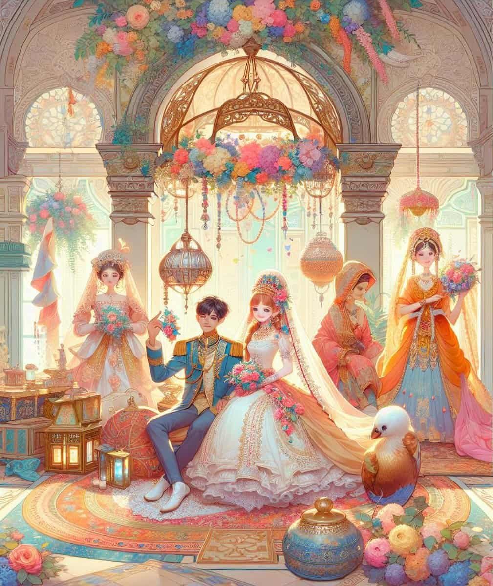 A painting showcasing a wedding scene with a bride and groom, comparing wedding traditions around the world.