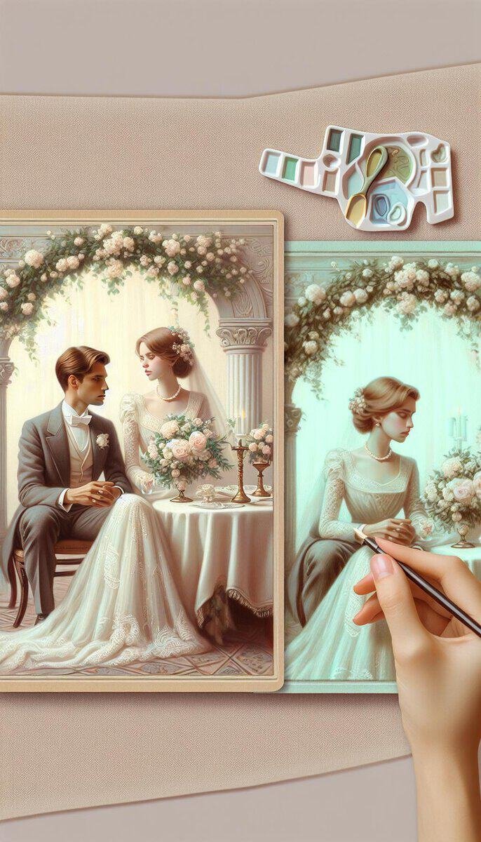 A stunning painting capturing the beautiful union of a bride and groom on their wedding day, showcasing their exquisite wedding dress.